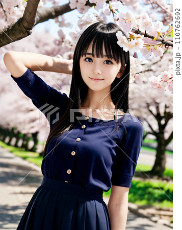 AI画像　満開の桜の公園で笑顔を見せる若い女性 110762692