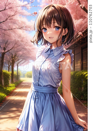 女性と桜 アニメ風【縦横比3:2】【AI生成画像】 110762703