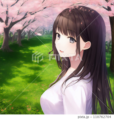 女性と桜 アニメ風【縦横比1:1】【AI生成画像】 110762704