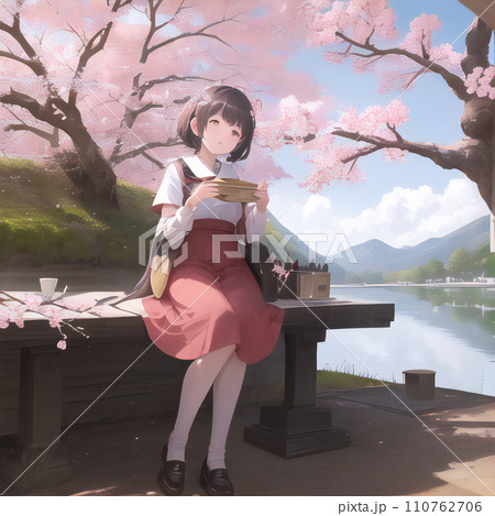 女性と桜 アニメ風【縦横比1:1】【AI生成画像】 110762706