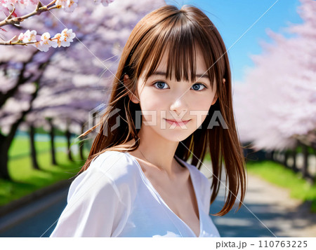 AI画像　満開の桜の公園で笑顔を見せる若い女性 110763225