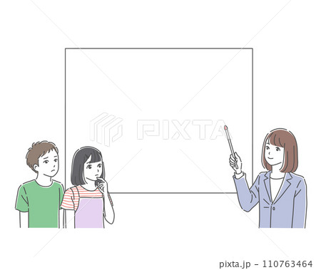 男女の子供とホワイトボードで説明する女性のイラスト素材 110763464