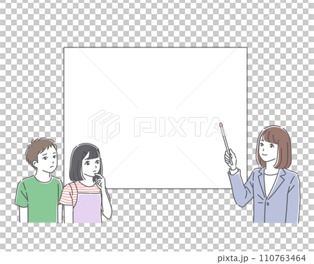 男女の子供とホワイトボードで説明する女性のイラスト素材 110763464