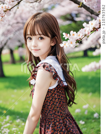 AI画像　満開の桜の公園で笑顔を見せる若い女性 110763562