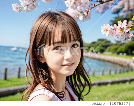AI画像　満開の桜の公園で笑顔を見せる若い女性 110763575