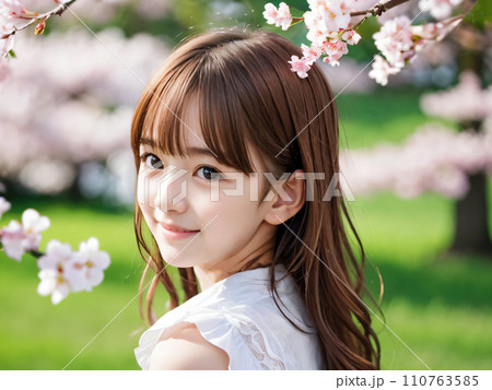 AI画像　満開の桜の公園で笑顔を見せる若い女性 110763585