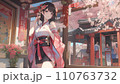桜の下でお参りする着物姿の女性 110763732