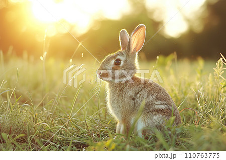 Wild rabbit in sunlit garden. Generative AI. 110763775