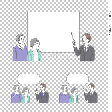 ホワイトボードで説明するスーツ姿のビジネスマンと男女のシニアのイラストセット ホワイトボードで説明するスーツ姿のビジネスマンと男女のシニアのイラストセット 110763826