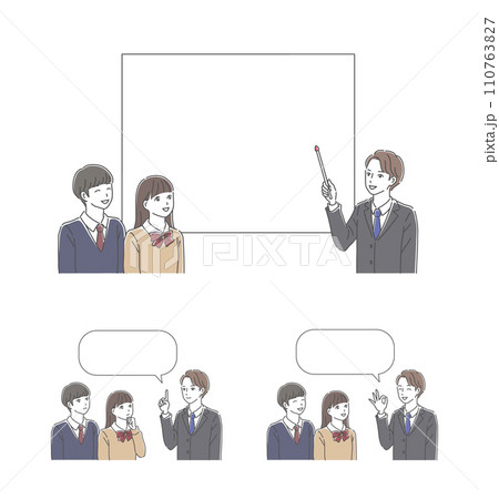 ホワイトボードで説明するスーツ姿の男性教師と男女の高校生のイラストセット 110763827