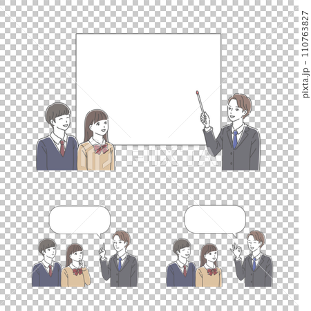 一名身穿西裝的男老師和一名男女高中生在白板上解釋的插圖集 110763827