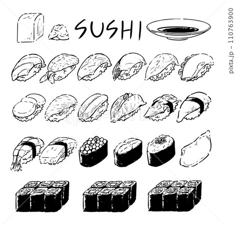 手描きのお寿司イラストセット 手描きのお寿司イラストセット 110763900