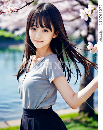 AI画像　満開の桜の公園で笑顔を見せる若い女性 110765079