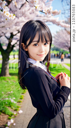 AI画像　満開の桜の公園で笑顔を見せる若い女性 110765083