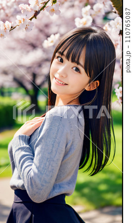 AI画像　満開の桜の公園で笑顔を見せる若い女性 110765087