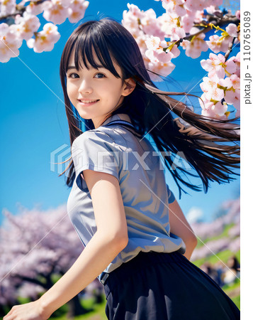 AI画像 満開の桜の公園で笑顔を見せる若い女性のイラスト素材