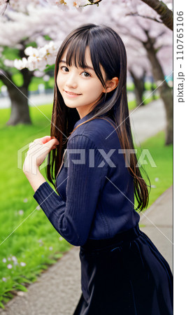 AI画像　満開の桜の公園で笑顔を見せる若い女性 110765106