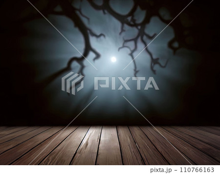 Empty wooden table with moonlight and intricate shadow from tree branches  110766163