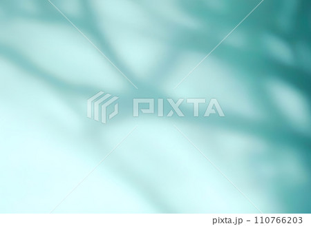 Minimalistic abstract gentle cyan background for product presentation with light and intricate shadow from tree branches on wall  110766203