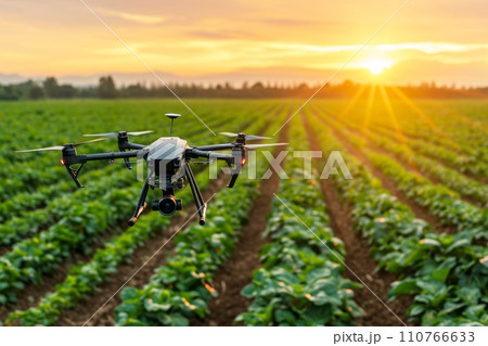 AI-generated content. Close-up view of drone flying over agricultural field in summer evening, monitoring growth and vegetation of crops. Smart farming, modern technology innovation in agricultural 110766633