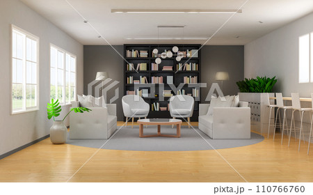 Living room interior in cozy style with bookcase 110766760