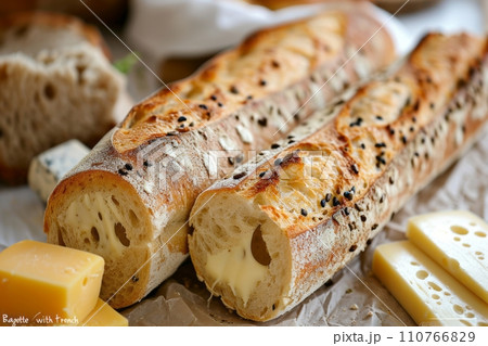 AI-generated content. Close-up shot of French baguettes and cheese on a white linen tablecloth. Healthy simple organic food. 110766829