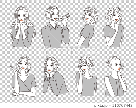 Stylish female upper body with various expressions Stylish female upper body with various expressions 110767442