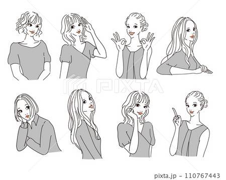 色々な表情のオシャレな女性上半身 色々な表情のオシャレな女性上半身 110767443