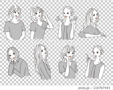 Stylish female upper body with various expressions Stylish female upper body with various expressions 110767443