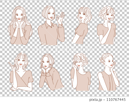 色々な表情のオシャレな女性上半身 110767445