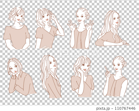 色々な表情のオシャレな女性上半身 色々な表情のオシャレな女性上半身 110767446