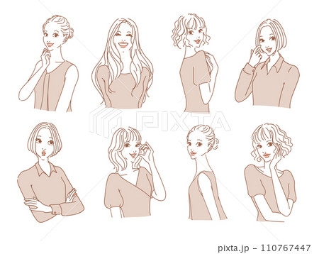 色々な表情のオシャレな女性上半身 110767447