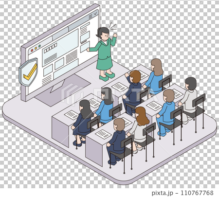 Isometric illustration of a lecturer and students holding a computer security course in the company Isometric illustration of a lecturer and students holding a computer security course in the company 110767768