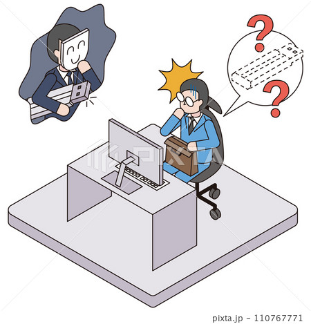社外に大切な情報が入ったUSBを忘れた会社員と悪用を企む犯罪者のアイソメイラスト 110767771