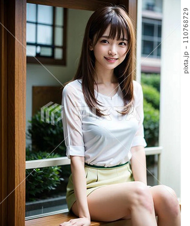 古民家の和室で座る白いワンピースの若い女性 古民家の和室で座る白いワンピースの若い女性 110768729