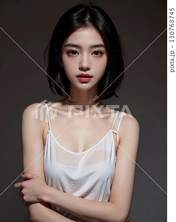 白背景の前に立ってポーズをとる若い女性モデル 110768745