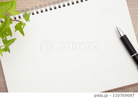机の上に置かれたノートとボールペン 110769097
