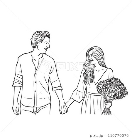 line drawing of a Young couple holding hands line drawing of a Young couple holding hands 110770076