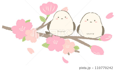 桜の枝にとまるシマエナガ、かわいい手描きイラスト 110770242