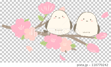 桜の枝にとまるシマエナガ、かわいい手描きイラスト 110770242