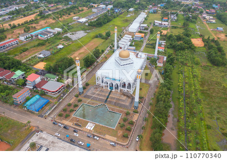 Aerial view of Songkhla Central Mosque in Hat Yai city town, Thailand. Tourist attraction landmark. Aerial view of Songkhla Central Mosque in Hat Yai city town, Thailand. Tourist attraction landmark. 110770340