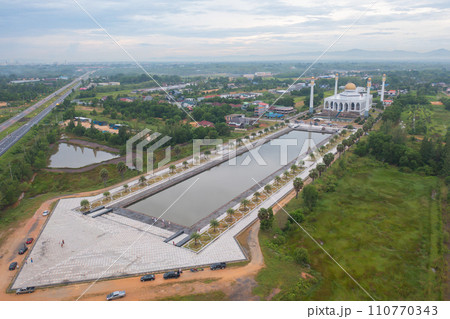 Aerial view of Songkhla Central Mosque in Hat Yai city town, Thailand. Tourist attraction landmark. Aerial view of Songkhla Central Mosque in Hat Yai city town, Thailand. Tourist attraction landmark. 110770343