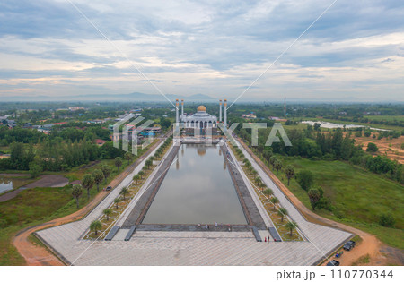 Aerial view of Songkhla Central Mosque in Hat Yai city town, Thailand. Tourist attraction landmark. Aerial view of Songkhla Central Mosque in Hat Yai city town, Thailand. Tourist attraction landmark. 110770344
