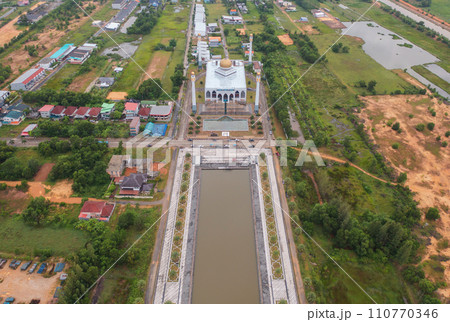 Aerial view of Songkhla Central Mosque in Hat Yai city town, Thailand. Tourist attraction landmark. 110770346
