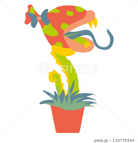 Scary flat sticker of monster plant in Flower pot. Vector Fantasy Botany illustration, Character with Teeth and Tongue. Hand drawn Cartoon Fantastic Design art for Poster, Book, Card, Banner. 110770504