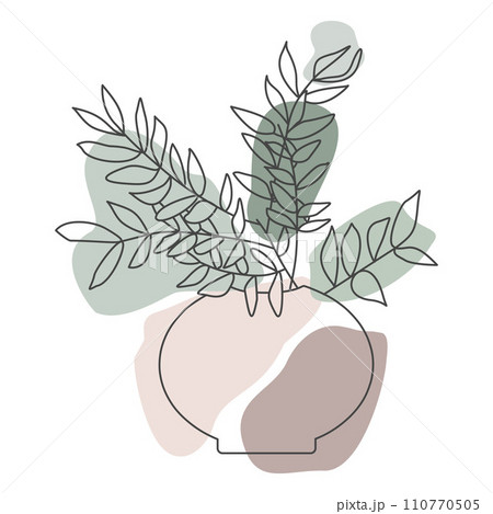 Line art potted eucalyptus, Vector outline Isolated House plant with colorful Abstract Boho shape background. Stock Simple Botany illustration for Card, Print, Poster, Wall Decoration, Sticker. Line art potted eucalyptus, Vector outline Isolated House plant with colorful Abstract Boho shape background. Stock Simple Botany illustration for Card, Print, Poster, Wall Decoration, Sticker. 110770505