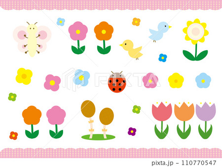 春の花のかわいいイラスト素材セット 110770547
