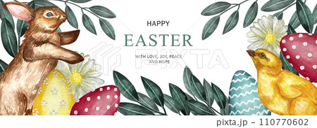 Happy Easter watercolor card, banner, border with cute Easter rabbit, eggs, spring flowers and chick in pastel colors on light green white background. Isolated Easter watercolor decoration elements 110770602