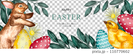 Happy Easter watercolor card, banner, border with cute Easter rabbit, eggs, spring flowers and chick in pastel colors on light green white background. Isolated Easter watercolor decoration elements Happy Easter watercolor card, banner, border with cute Easter rabbit, eggs, spring flowers and chick in pastel colors on light green white background. Isolated Easter watercolor decoration elements 110770602