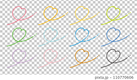 カラーバリエーション　手書きの線のくるんとしたカラフルなハートのイラスト素材 110770606